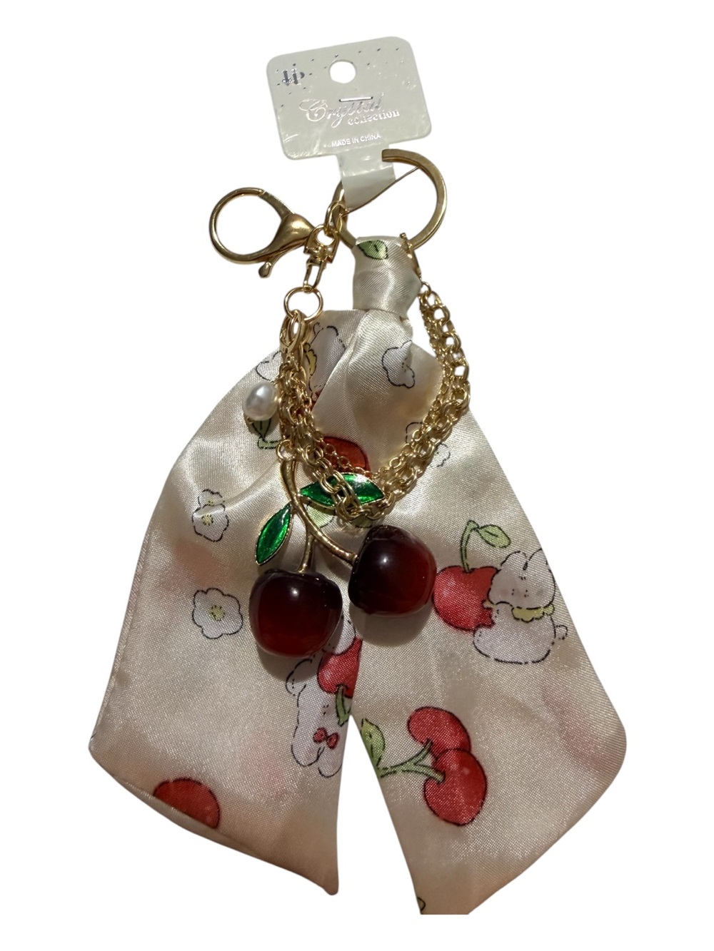 Gold Cherry Satin Bow Keychain - Cream/Red